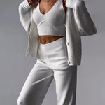 Zeagoo Women's Chic V-neck Knitted Three-piece Set Sleeveless Crop Vest and Sweater Cardigan & Solid Wide Leg Pants