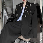 Metal Brooch-embellished Shoulder-padded Casual Blazer