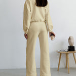 Zeagoo Casual Two-Piece Set V-neck Fleece Sweatshirt High-waisted Wide-leg Pants