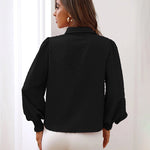 Zeagoo V Neck Crinkle Crepe Lantern Sleeves Shirt Top Button-Down Loose Blouse