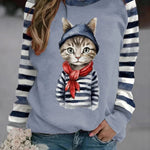 Women's Clothes Cat Print Striped Long Sleeve Sweatshirt