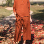 Zeagoo Casual Button Long Sleeve Solid Color Round Neck Tops and Pockets Pants Set