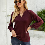 Zeagoo V Neck Tops Solid Color Blouse Long Sleeve Pullover Lace Patchwork Shirt