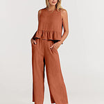 Zeagoo 2 Piece Outfits Sleeveless Ruffle Tank Crop Top and Wide Leg Pants Lounge Set with Pockets