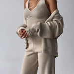 🔥(Limited 2 Days & Lowest Price) Chic V-neck Knitted Three-piece Set Crop Vest and Sweater Cardigan & Solid Wide Leg Pants
