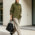Lucie | Olive green corduroy jacket with stand-up collar