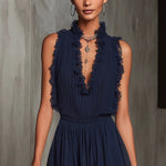Camille | Pleated chiffon playsuit with lace details and ruffled trim